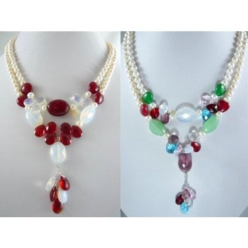FREE SHIPPING>>>@@ > N3805 2 color-beautiful white pearl mixed green/red/blue jade stone moonstone necklace can choose