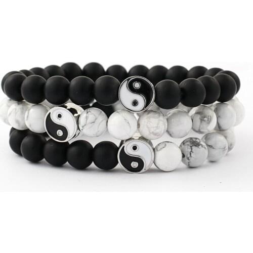 Handmade Bracelet Classic Natural Stone White and Black Yin Yang Taichi Taiji Bagua Beaded Bracelets for Men Women Jewelry Gift