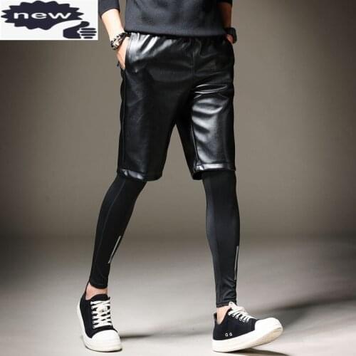 Summer New Mens Knee Length Pu Elastic Waist Hip Hop Harem Pants Korean Casual Streetwear Biker Leather Shorts