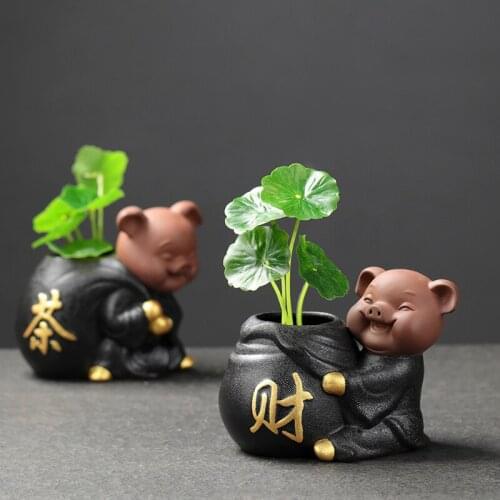 Boutique Pig Statue Purple Clay Tea Pet Lucky Fortune Tea Figurine Desktop Flower Pot Garden Bonsai Decoration Tea Set Gifts