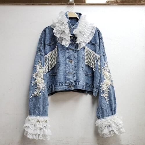 Cakucool Women New denim Jacket 2020 ruffles lace pearls beading tassels floral embroidery sweet jacket outerwear short jacqueta