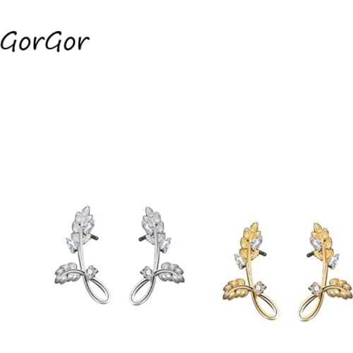 GorGor Stud Earrings Women 925 Sterling Pattern Small Leaves Mosaic Zirconia Simplicity Individuality Anniversary Jewelry E2292