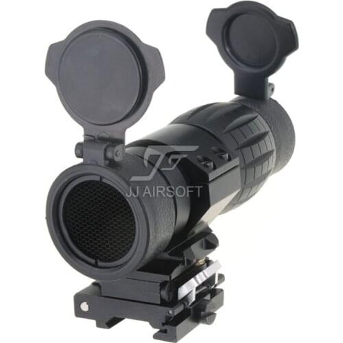 JJ Airsoft 4x FXD Magnifier with Adjustable QD Mount and Killflash / Kill Flash (Black/Tan)