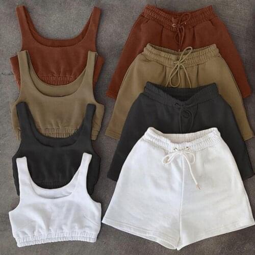 Outfit Two Piece Sets Women Sportswear Crop Top Drawstring Shorts Matching Set Summer Casual Solid Womens Tracksuits
