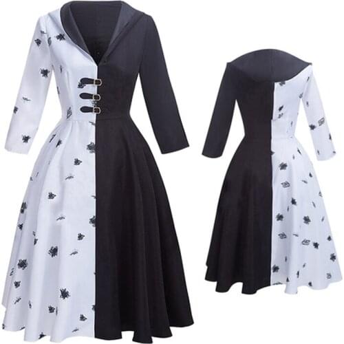 Cruella Cosplay Costume Anime Half Black Half White Long Dress Hooded Dress Uniform Full Set Skirt for Women Girls Halloween