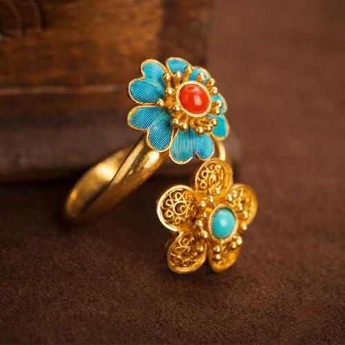 Natural southern red tourmaline flower open ring Chinese retro palace style unique ancient gold craft luxury ladies jewelry
