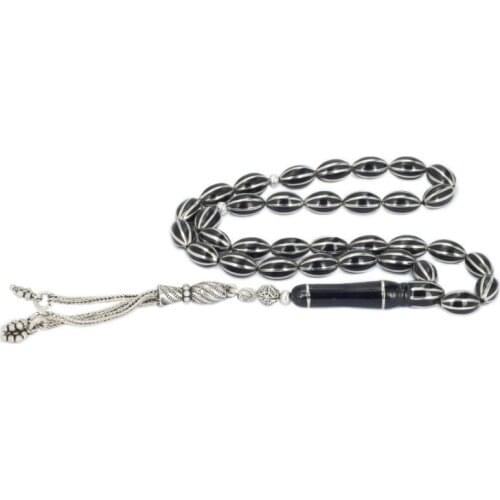 Striped Natural Jet Stone Prayer Beads with Silver Tassel Men Barley Cut Rosary Islamic Tasbih Grape Tassel 925 Sterling Silver