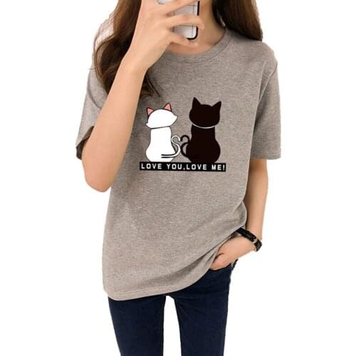 Liva girl Causal Summer Women T-shirt Two Cats Print T-shirts Women Short Sleeve O Neck Cotton Tops Tees Slim t shirt for girls