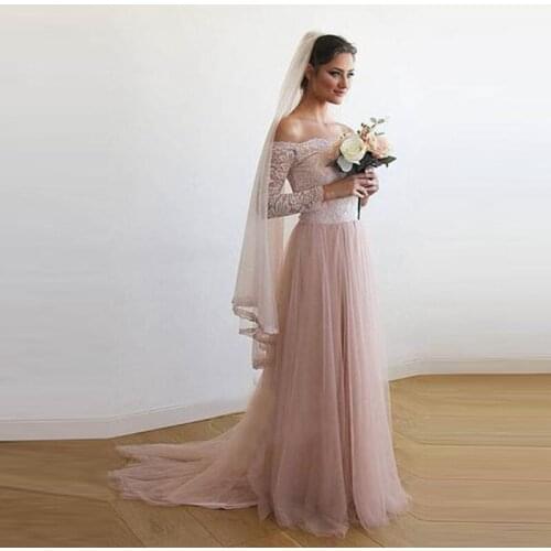 Chic Charming On Sale Blush Lace Off Shoulder Long Sleeve Bridal Wedding Dresses Bateau Neck Sweep Train Wedding Gowns for Bride