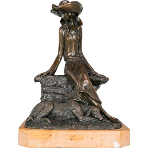 Young Woman with Pet Dog Real Bronze Statue Sculpture Pretty Female Figurine Home Decor Accessories Desktop Display