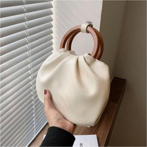Round Wooden Handle Design Retro Soft Leather Crossbody Bags for Women New Cloud Fold Handbag Shoulder Shell Bag Female Totes
