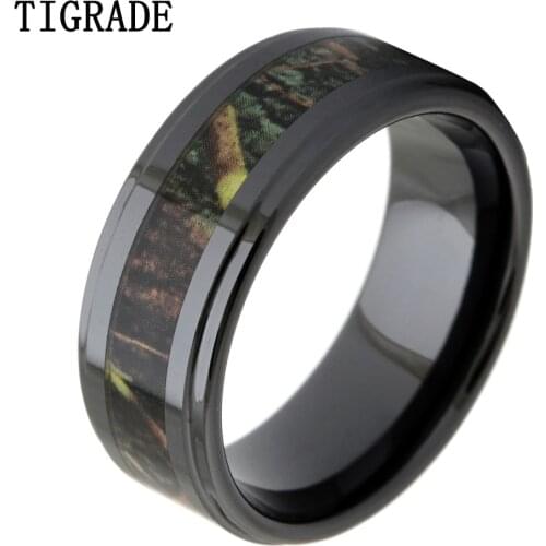 TIGRADE Luxruy 8mm Black Ceramic Ring Men Vintage Green Branches Camo Inlay Wedding Band Engagement Rings Men Fashion Jewelry