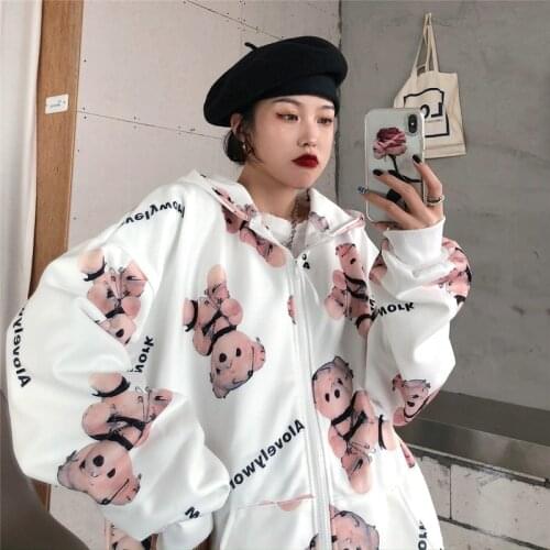 Cartoon Bear Hoodies Women Streetwear Zip-up Long Sleeve Oversized Sweatshirts 2021 Autumn Casual All-match Hooded Coats