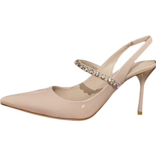 Spring Fashion Woman Nude Sliver Black Crystal Slingback Pumps Female Pointed Toe Shallow Elastic Band Slip On Wedding Shoes