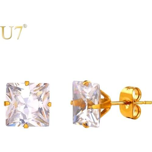U7 New Women Earrings Fashion Jewelry Gold Color Stainless Steel Crystal Square Stud Earrings Set Wholesale 2016 E779