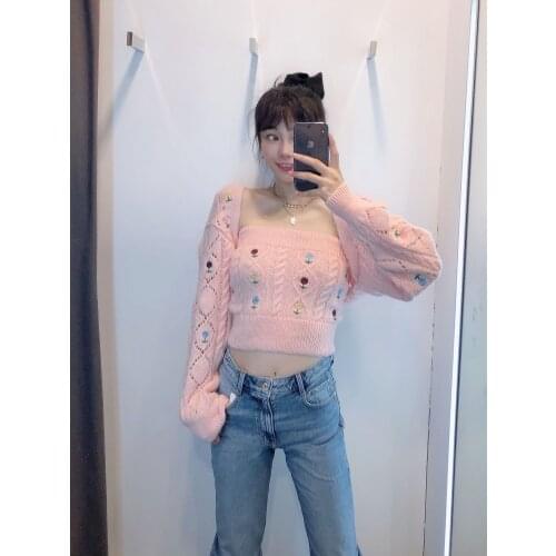 Embroidery Neck Long Sleeve Crop Cardigan Sweater Tube Vest Set Women Cable Knit Chic Top Set