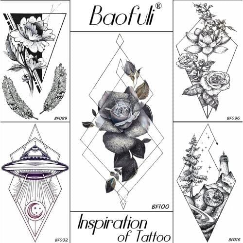 Baofuli Triangle Rhombus Rose Temporary Tattoos Sticker Waterproof Sketch Flower Body Art Fake Geometric Arm Chest Tatto Sleeve