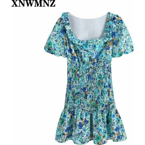 XNWMNZ Women Sweet Agaric Lace Floral Print Pleated Slim Dress Female Prairie Chic Puff Sleeve Vestido Ruffles Mini Dress woman