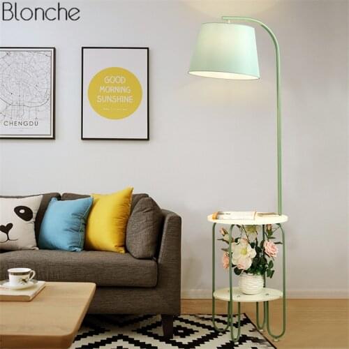 Nordic Iron LED Floor Lamp Fabric Lampshade Standing Lamps Shelf USB Lights for Living Room Bedroom Bedside Home Lighting Decor