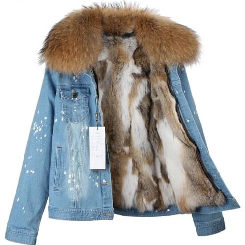 Women Autumn Winter Real Fur Coat Short Denim Jacket Real Rabbit Fur Thick Lining Raccoon Fur Collar Bomber Jacket Keep Warm