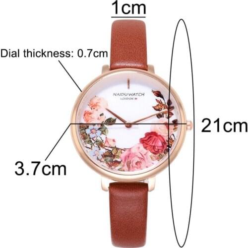 Women Flower Print Faux Leather Strap Round Dial No Number Analog Quartz Watch
