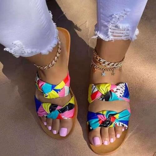 2021 Women Print Knot Slippers Female Colorful Fashion Summer Slides Ladies Casual Flat Womens Beach Leisure Shoes Plus Size