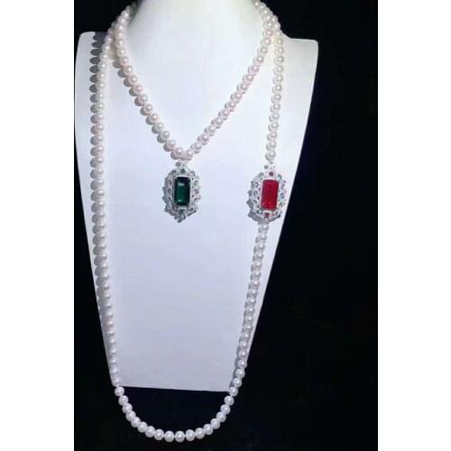 Womens jewelry hand knotted 8-9mm micro inlaid zircon accessories white freshwater pearl necklace personality