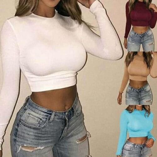 Femme Sexy Long Sleeve Top Women Autumn Winter Solid Color O Neck Long Sleeve Slim Bottoming Crop Top