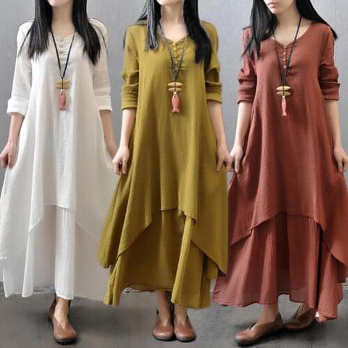 Plus Size Oversized Fashion Women Solid Color Long Sleeve Baggy Loose Layered Lady Summer Beach Party Long Maxi Dress