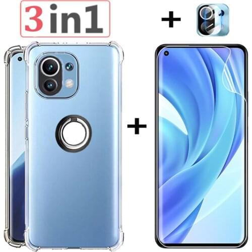 3in1 Transparent Ring Holder Case For Xiomi Mi 11 Lite Bumper Xiaomi Mi 10 T 11 Lite Pro Silicone Shockproof Case Mi 11 Lite 5G
