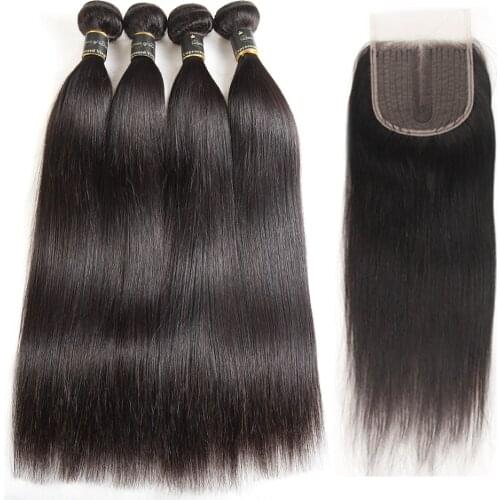Brazilian Straight Hair Bundles With Closure Natural Color Human Hair Extension 3 4 Bundles With Middle Part 4*4 Lace Closure