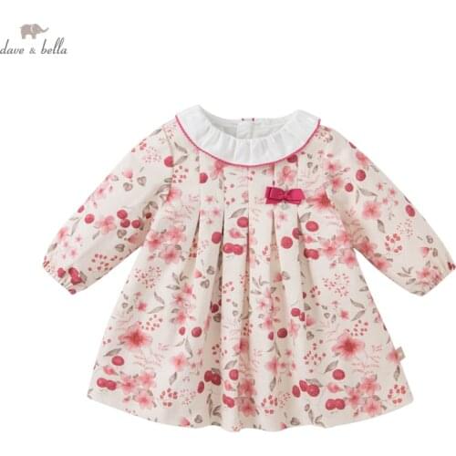 DB19023 dave bella autumn baby girls cute bow floral print dress children fashion party dress kids infant lolita clothes