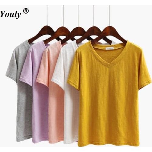 Womens Cotton T-shirt Summer Plus Size Tee Basic Shirts Women Solid V Neck Short Sleeve Casual Big Size Female Tops Femme Tees