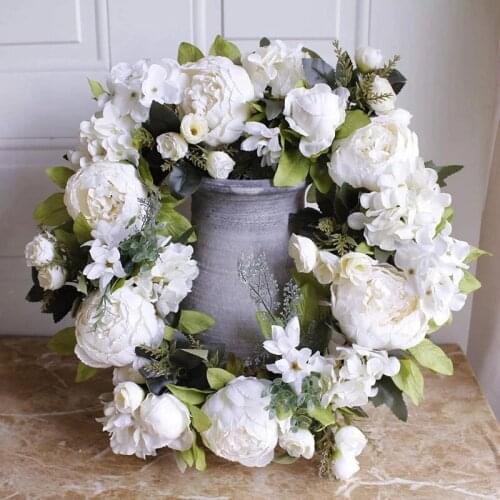 Artificial Garlands Front Door Wreaths Artificial White Peony Hanging Wreath for Home Party Indoor Outdoor Window Wall