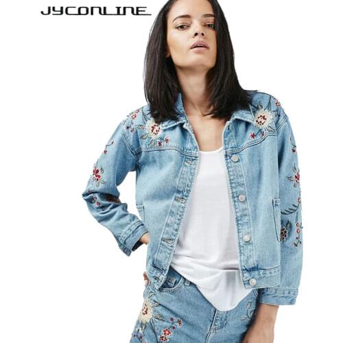 JYConline Vintage Denim Jacket Women Floral Embroidery Streetwear Coat Cowboy Jackets For Women Jeans Coat Blue Basic Coats Tops