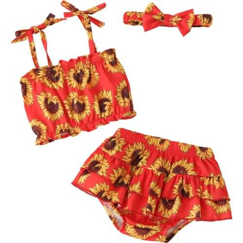 Baby Girls Three-piece Clothes Set Floral Printed Pattern Suspender Tops + Culottes + Headdress Dark Blue/ Tangerine/ Beige