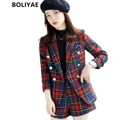 Boliyae Suit with Shorts for Womens Spring and Autumn Plaid Tweed Long Sleeve Blazer Sets Fashion Double Breasted Jacket Tops