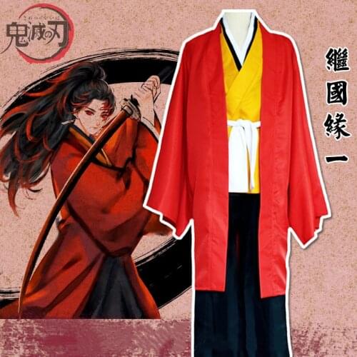Unisex Anime Demon Slayer Kimetsu no Yaiba Tsugikuni Yoriichi Halloween Cosplay Costume Fashion Coats Red Uniform Suit Full Set