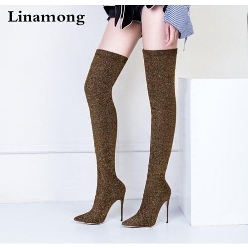 Linamong Spring New Brand Women Stretch Elastic Slip On Over The Knee High Boots Stiletto Heels Pointed Toe Slim Thigh Boots