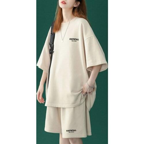 2021 Fashion 2 Piece Sets New Summer Casual Loose O-Neck Solid Color T Shirt Elastic Waist Shorts Home Suit With Shorts