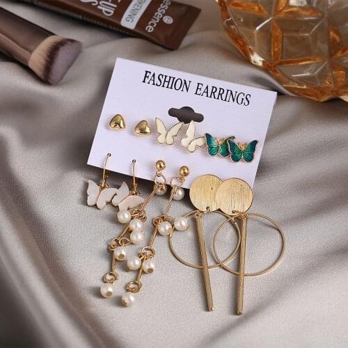 6-Piece Set Round Dangle Butterfly Earrings for Women 2021 Trend Korean Fashion Korea Pearl Tassels Women Jewelry Accessories