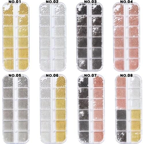 New 12 Grids Mini Small Stainless Steel Caviar Beads Nail Art Decorations Silver Rose Gold Micro Ball Charm Gel Polish Tips
