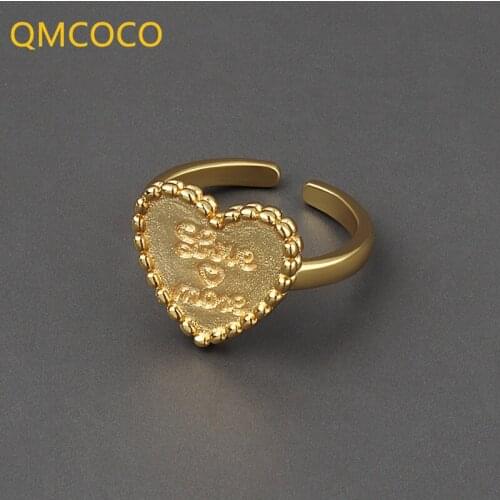 QMCOCO 925 Silver Elegant Creative Ring For Woman INS Simple Trendy Handmade Open Heart-Shape Letters Fine Fashion Jewelry Gifts