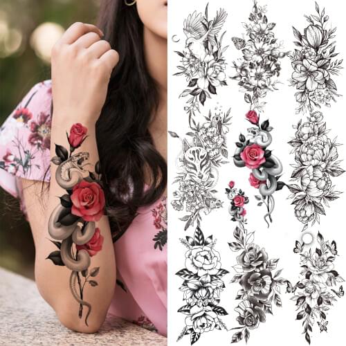 Realistic Black Mamba Snake Rose Temporary Tattoo For Girl Women Adults Peony Flower Tattoos Sticker Glory Rose Tatoos Decor
