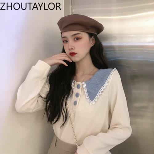 ZHOUTAYLOR shirts women fashion Office Lady Full sleeve Blouses femme Peter pan Collar sweet Straight Solid Button tops female