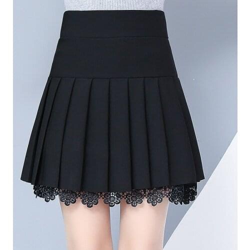 Spring Fall Casual Sweet Ladies Women Stretchy High Waisted Black Pleated Skirt , Lace Mini Skirts for Woman Clothes