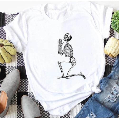 Praying Skeleton Print 100%Cotton Women Tshirt Unisex Funny Summer Casual Short Sleeve Top Christian Shirt Women Goth Top Tee