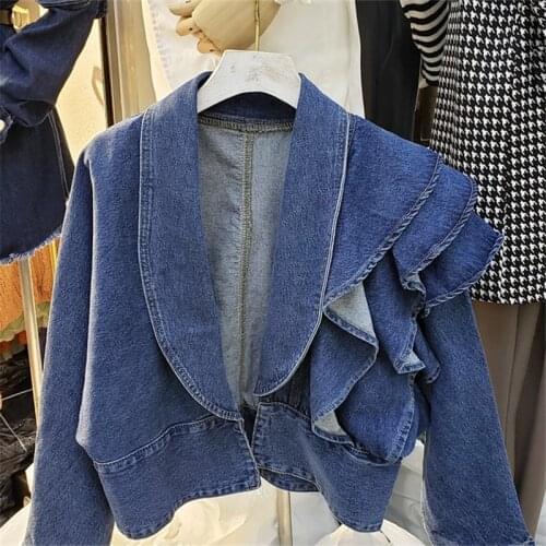 Short Jeans Jacket Female 2021 Autumn New V Neck Layers of Ruffles Design High Waist Jeans Coat Casual Women Clothing Fashion
