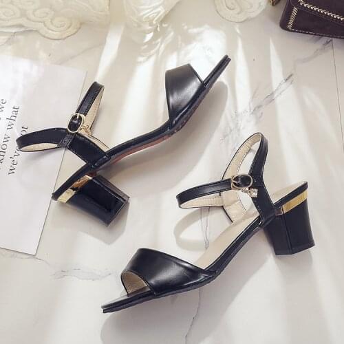 Womens shoes 2020 PU leather upper summer sandals 7cm high heels thick heels buckle strap fashionable large size outside shoejr