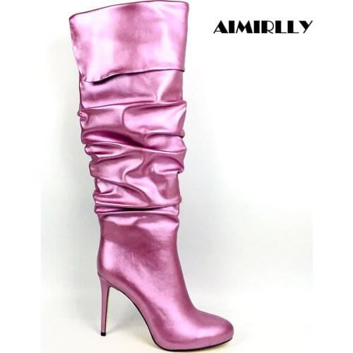 Womens Shoes Round Toe High Heels Knee High Boots Wrinkle Winter Pleated Boots Female Shoes Fashion Pink Purple Aimirlly